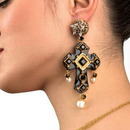 Dolce & Gabbana Black Crystal Cross Crystal Embellished Gold Clip On Earrings