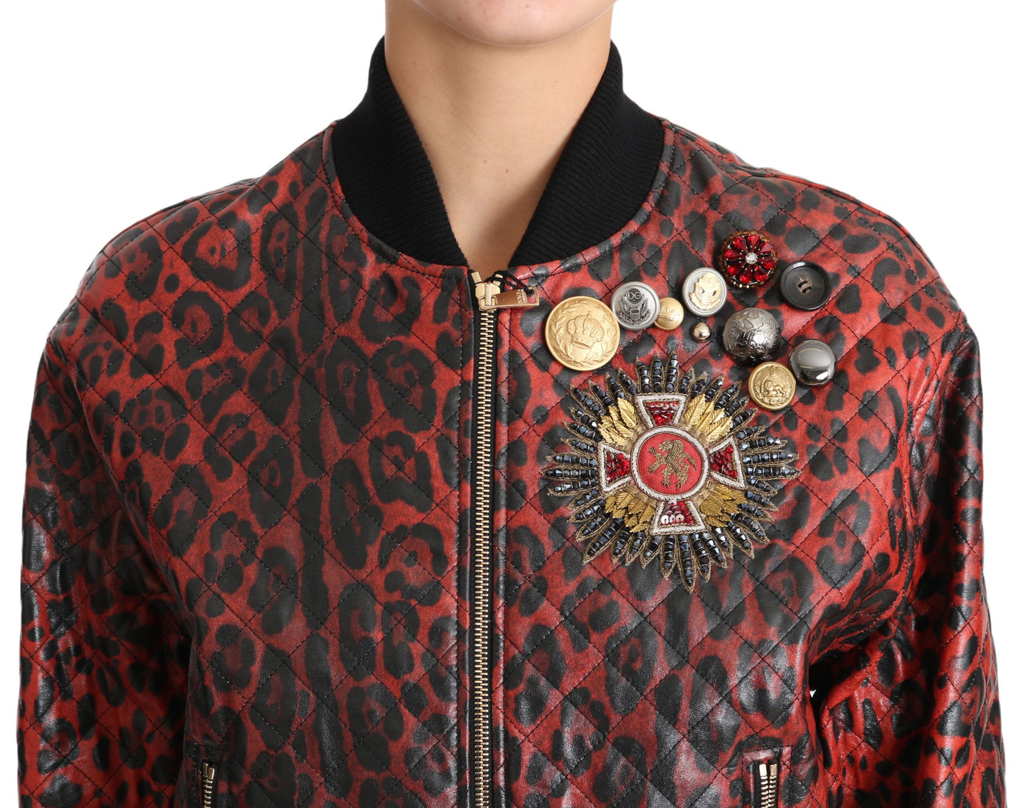 Червоний леопардовий бомбер Dolce &amp; Gabbana з кришталевими ґудзиками