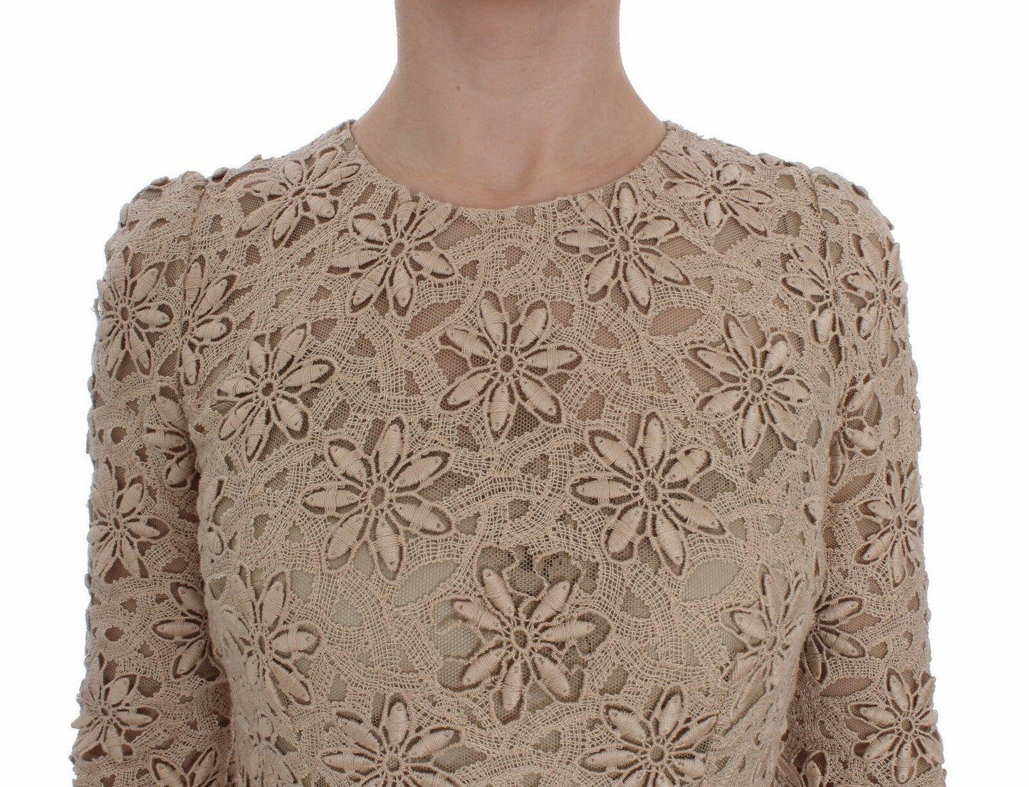 Бежева сукня максі з квітковим мереживом і довгим рукавом Dolce &amp; Gabbana