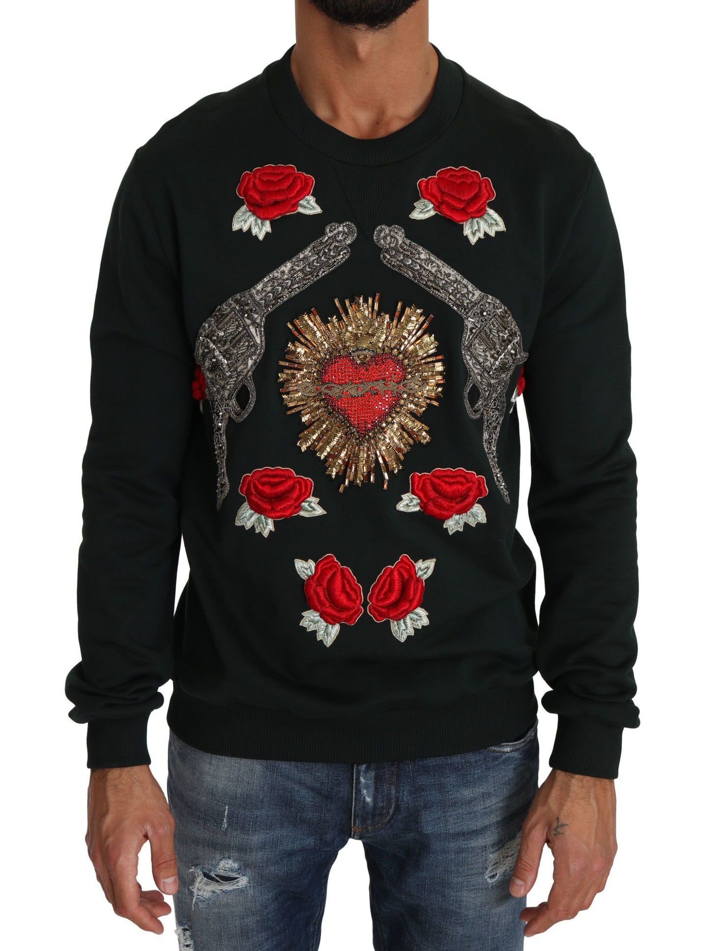 Смарагдовий бавовняний светр Dolce &amp; Gabbana з вишивкою кришталями