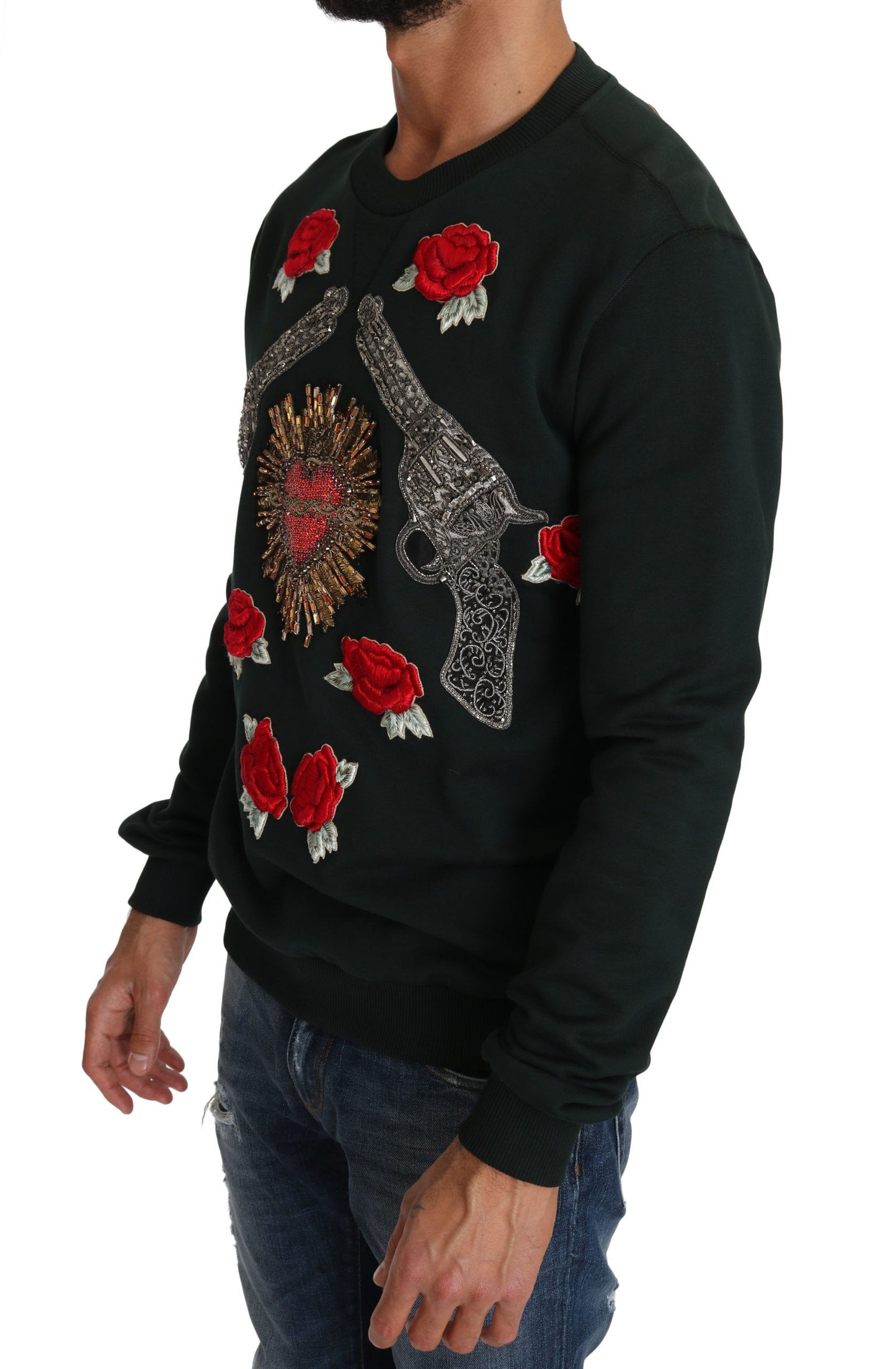 Смарагдовий бавовняний светр Dolce &amp; Gabbana з вишивкою кришталями