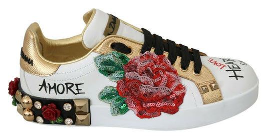 Елегантні шкіряні кросівки Dolce &amp; Gabbana з квітковими пайетками