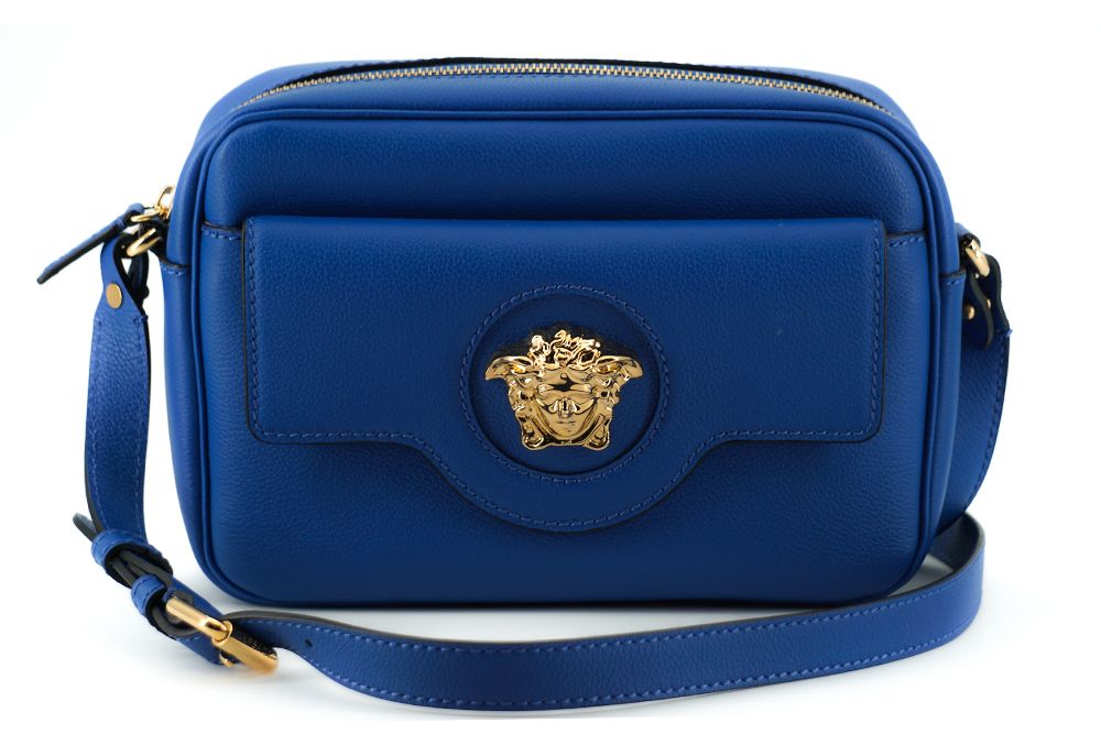 Елегантна синя теляча шкіряна сумка для камери Versace