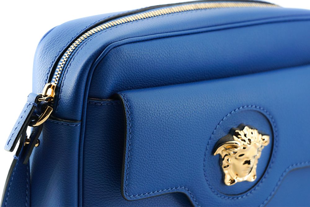 Елегантна синя теляча шкіряна сумка для камери Versace