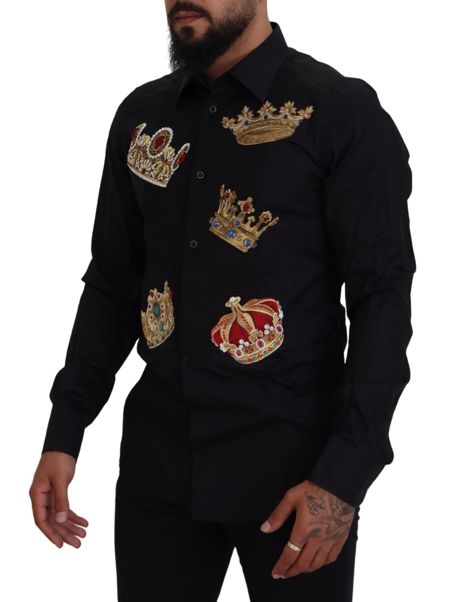 Елегантна чорна приталена сорочка Dolce &amp; Gabbana з вишивкою короною