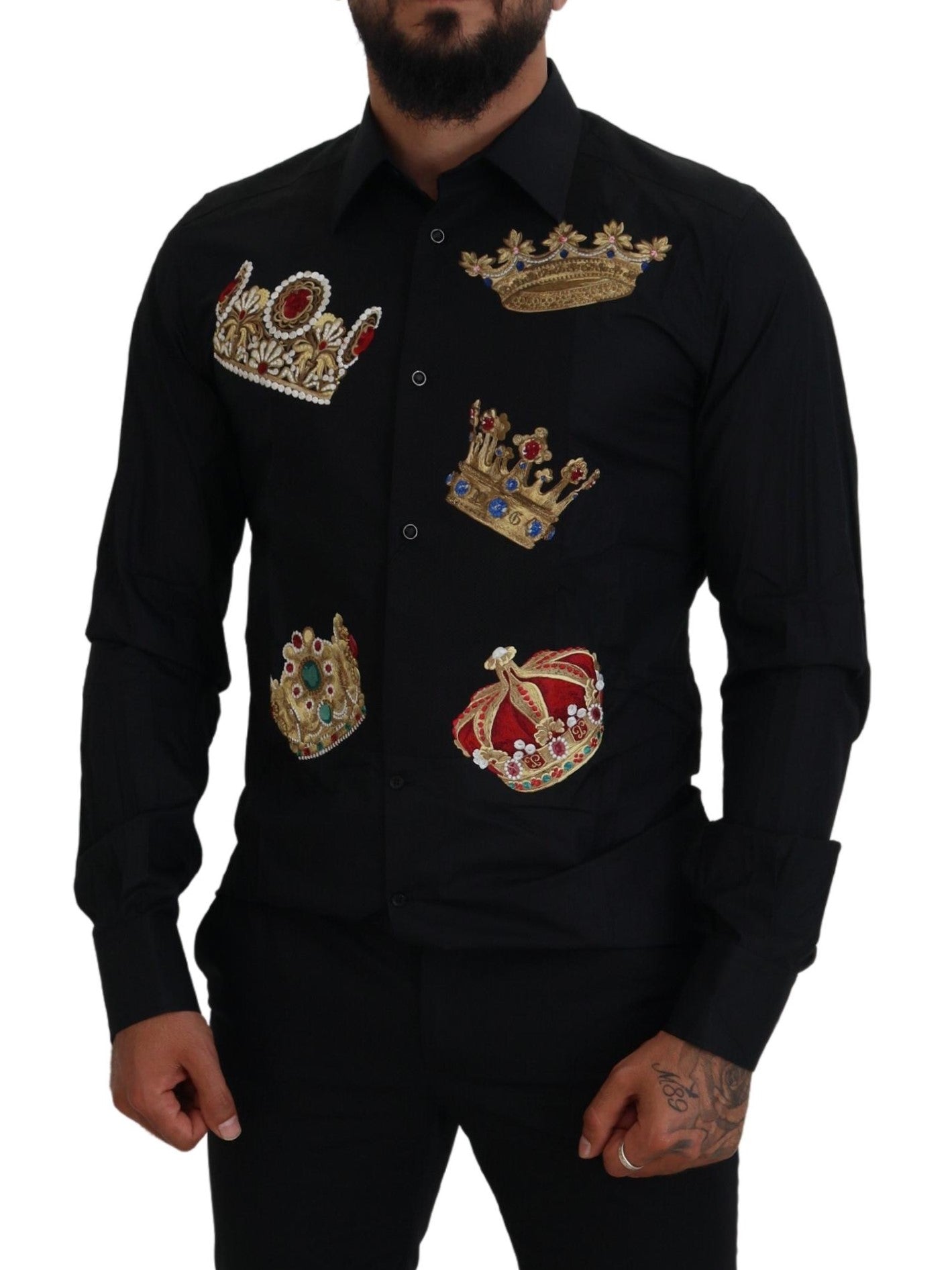 Елегантна чорна приталена сорочка Dolce &amp; Gabbana з вишивкою короною