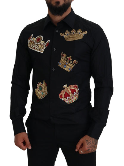 Елегантна чорна приталена сорочка Dolce &amp; Gabbana з вишивкою короною