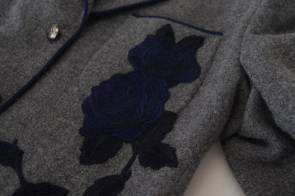 Елегантний сірий вовняний піджак Dolce &amp; Gabbana з вишивкою синіх троянд