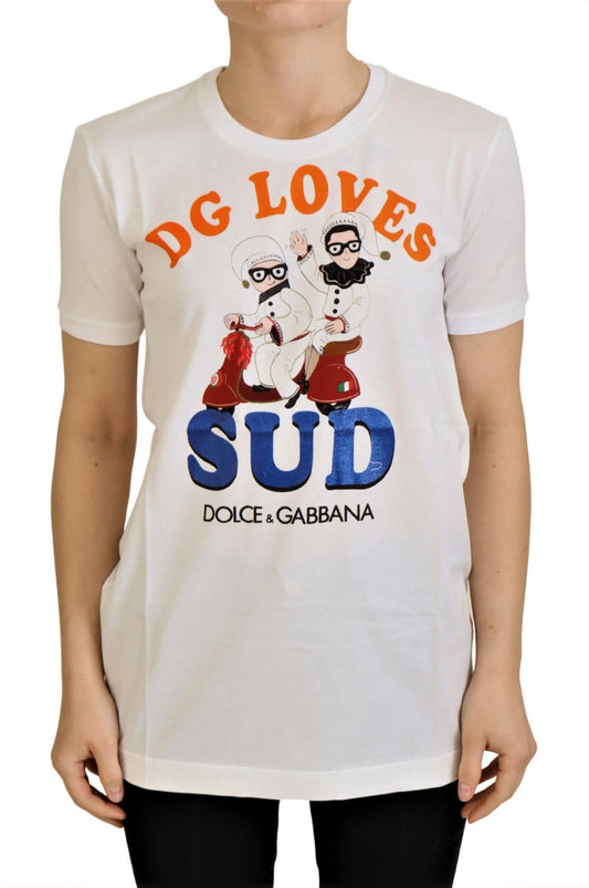Елегантна біла футболка Dolce &amp; Gabbana з круглим вирізом і барвистим принтом
