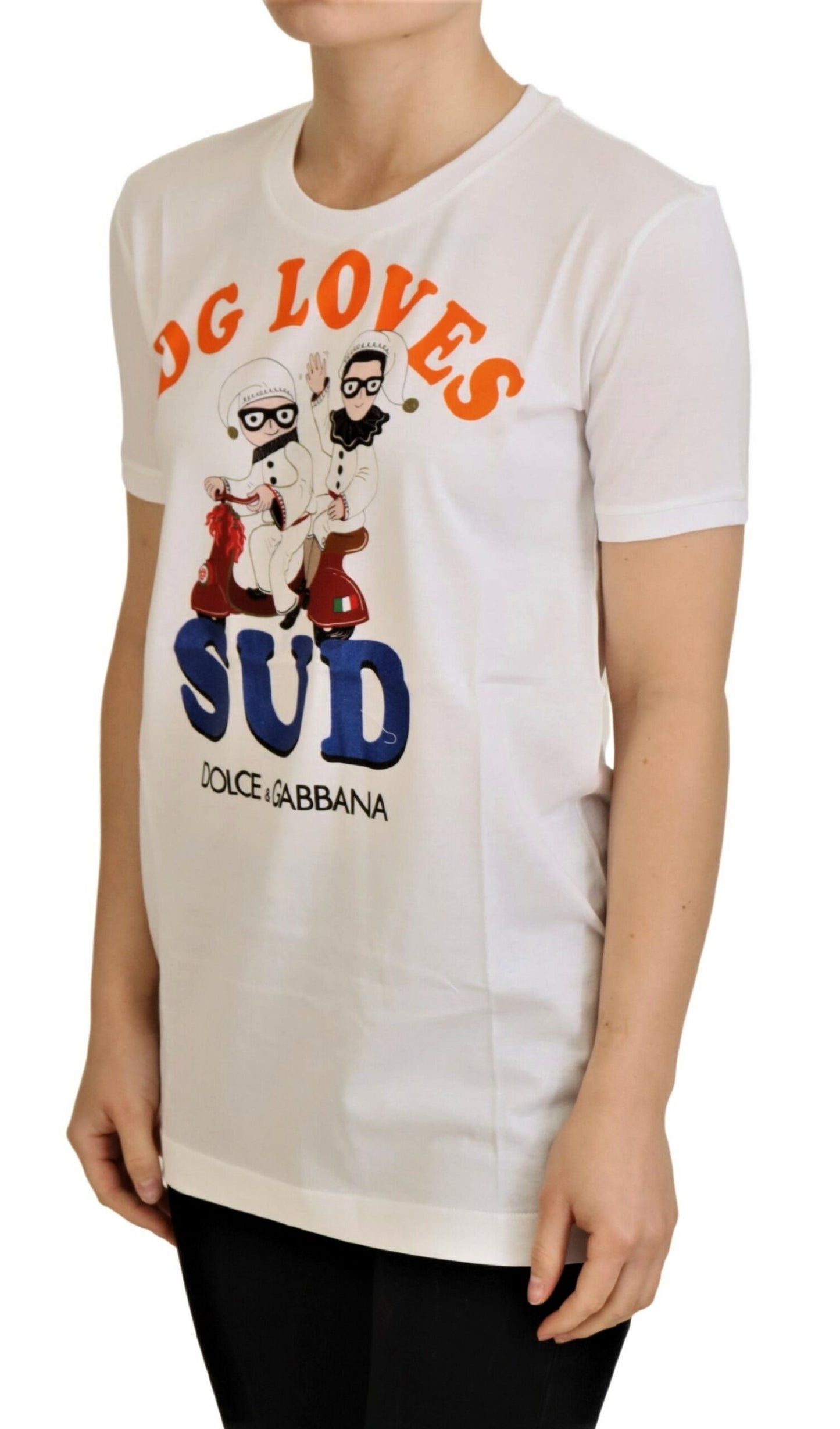 Елегантна біла футболка Dolce &amp; Gabbana з круглим вирізом і барвистим принтом