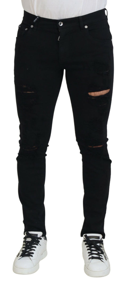 Dolce &amp; Gabbana Svelte Black Tattered Slim Denim