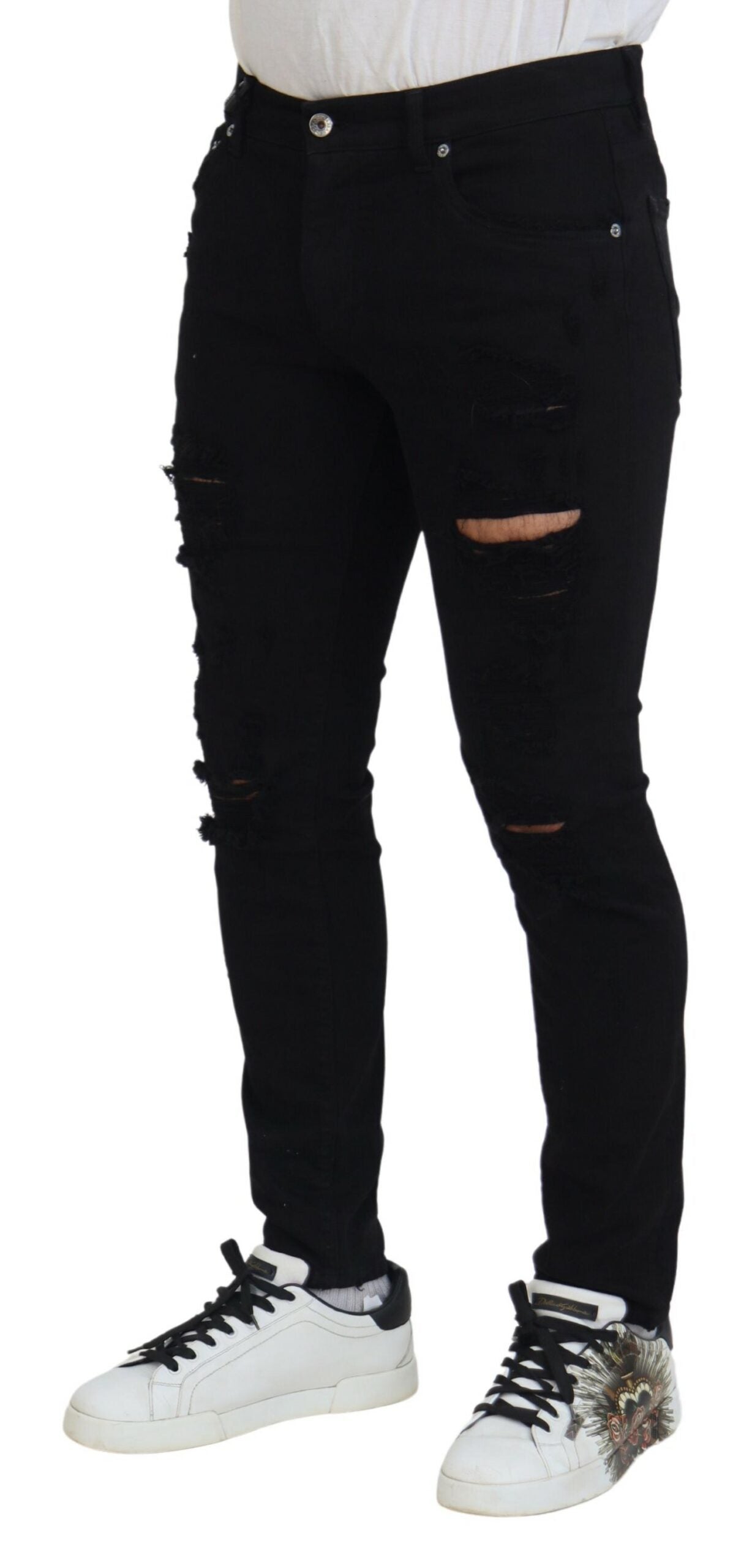 Dolce &amp; Gabbana Svelte Black Tattered Slim Denim