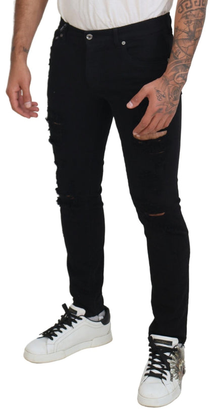 Dolce &amp; Gabbana Svelte Black Tattered Slim Denim
