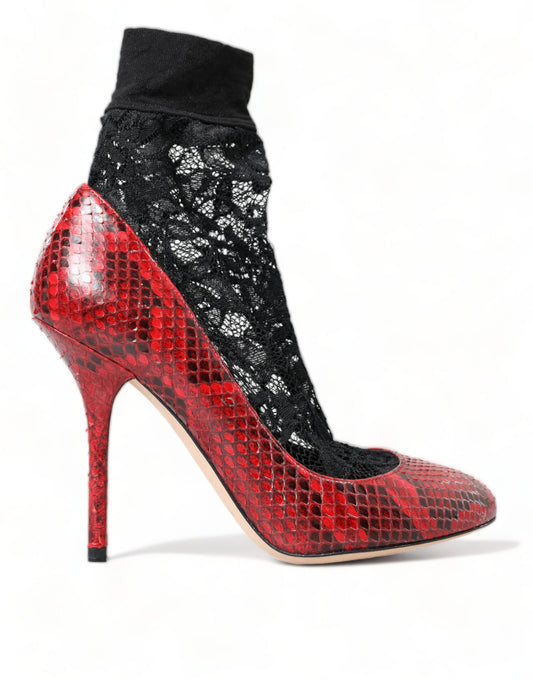Човники Dolce &amp; Gabbana Red Almond Toe зі зміїної шкіри та мереживні шкарпетки