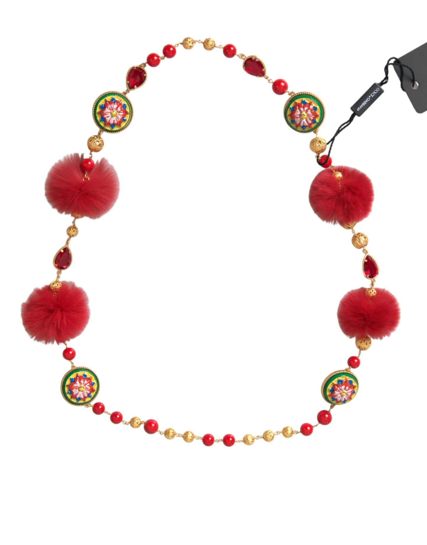 Кольє Dolce &amp; Gabbana із золотим латунним червоним хутром із кришталевим ланцюжком Carretto