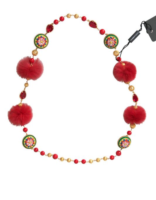 Кольє Dolce &amp; Gabbana із золотим латунним червоним хутром із кришталевим ланцюжком Carretto