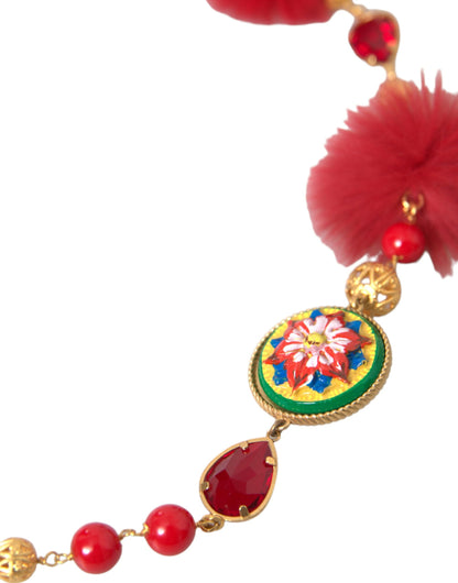 Кольє Dolce &amp; Gabbana із золотим латунним червоним хутром із кришталевим ланцюжком Carretto