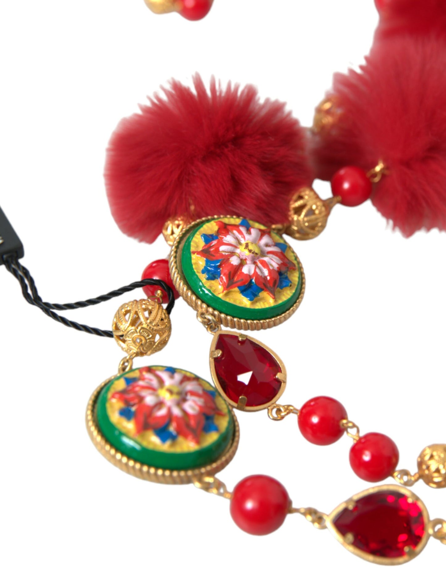 Кольє Dolce &amp; Gabbana із золотим латунним червоним хутром із кришталевим ланцюжком Carretto