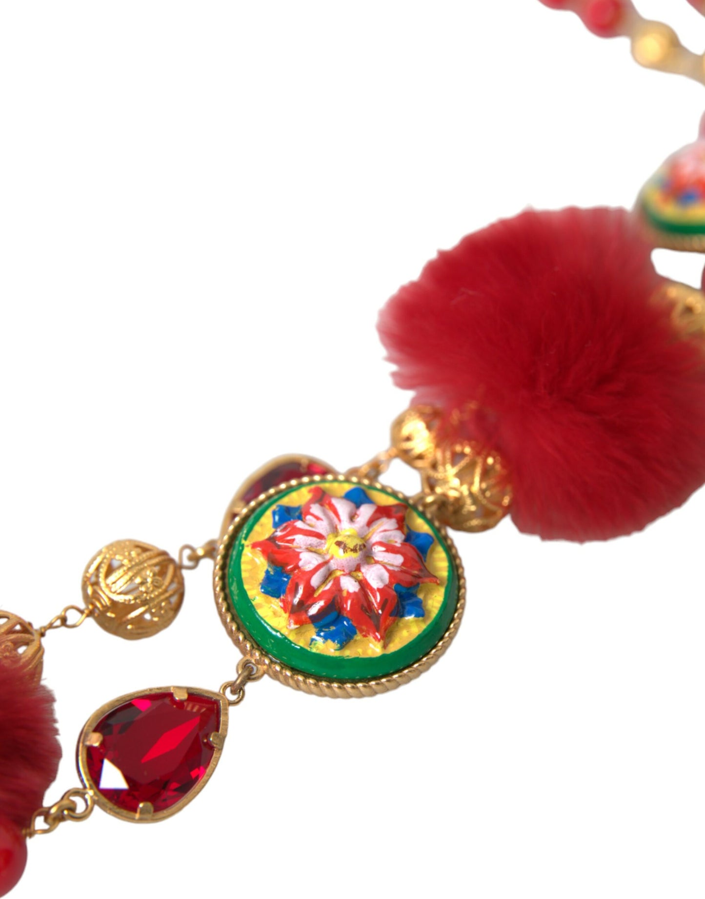 Кольє Dolce &amp; Gabbana із золотим латунним червоним хутром із кришталевим ланцюжком Carretto