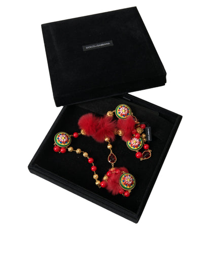 Кольє Dolce &amp; Gabbana із золотим латунним червоним хутром із кришталевим ланцюжком Carretto