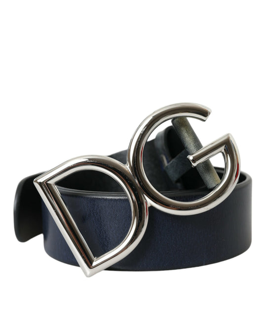 Чоловічий ремінь Dolce &amp; Gabbana Blue Leather Silver Metal Logo Пряжка