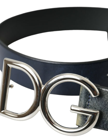 Чоловічий ремінь Dolce &amp; Gabbana Blue Leather Silver Metal Logo Пряжка