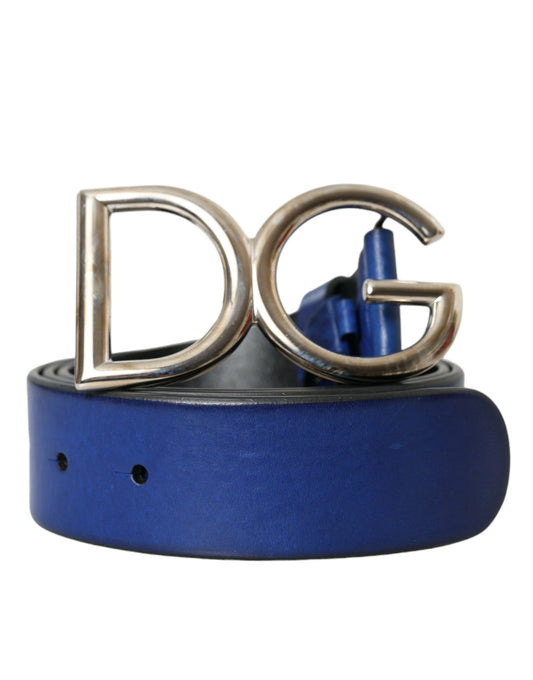 Чоловічий ремінь Dolce &amp; Gabbana Blue Leather Silver Metal Logo Пряжка
