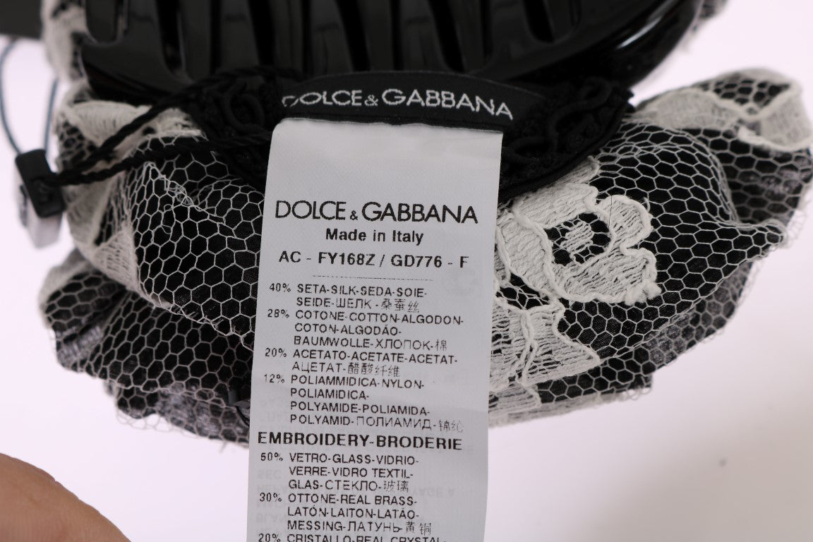 Елегантна чорно-біла застібка для волосся Dolce &amp; Gabbana з мереживом із кришталем із квітковим мереживом