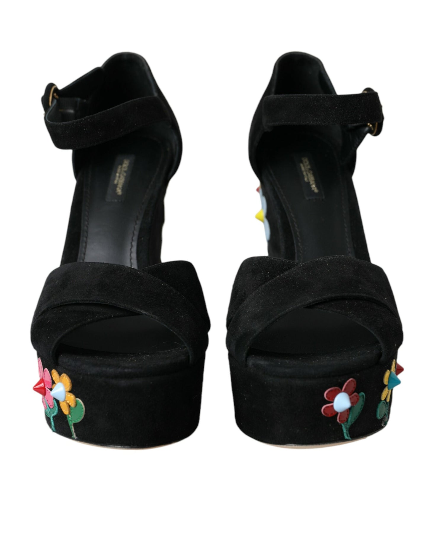 Dolce &amp; Gabbana Чорні босоніжки на підборах з квітковим ремінцем на підборах