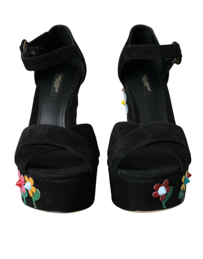 Dolce &amp; Gabbana Чорні босоніжки на підборах з квітковим ремінцем на підборах