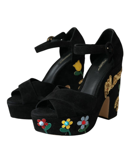 Dolce &amp; Gabbana Чорні босоніжки на підборах з квітковим ремінцем на підборах