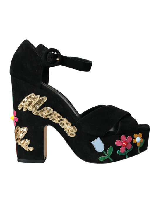 Dolce &amp; Gabbana Чорні босоніжки на підборах з квітковим ремінцем на підборах