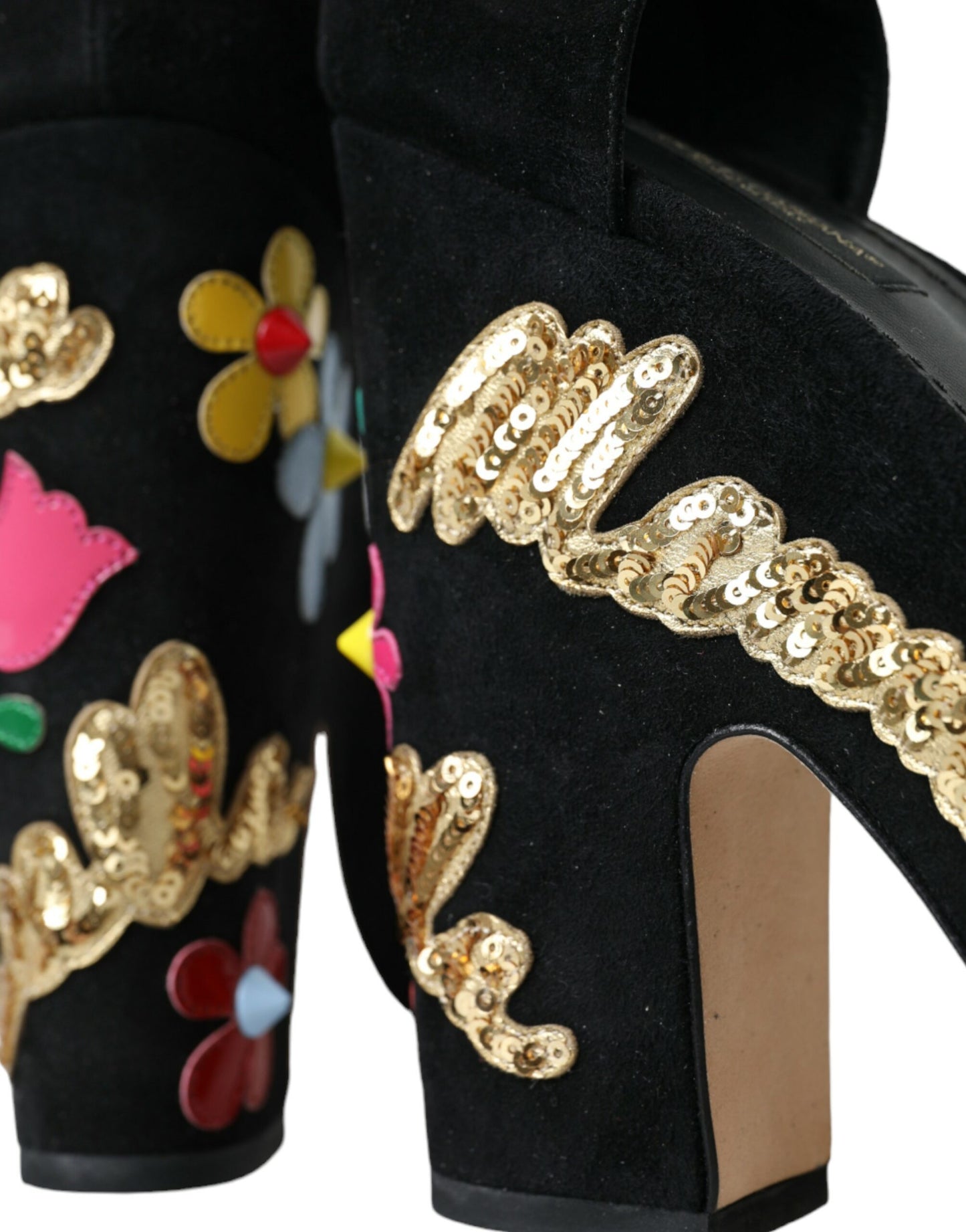 Dolce &amp; Gabbana Чорні босоніжки на підборах з квітковим ремінцем на підборах