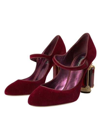 Dolce &amp; Gabbana Red Velvet Gold Crystals Heels Туфлі Мері Джейн
