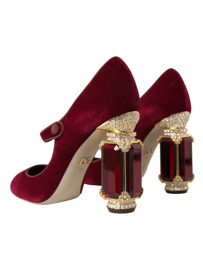 Dolce &amp; Gabbana Red Velvet Gold Crystals Heels Туфлі Мері Джейн