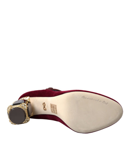 Dolce &amp; Gabbana Red Velvet Gold Crystals Heels Туфлі Мері Джейн