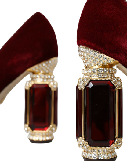 Dolce &amp; Gabbana Red Velvet Gold Crystals Heels Туфлі Мері Джейн