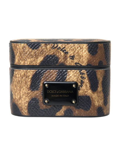 Коричневий чохол для Airpods з металевим логотипом Dolce &amp; Gabbana з леопардовою телячою шкірою