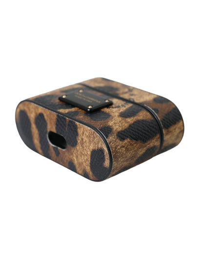 Коричневий чохол для Airpods з металевим логотипом Dolce &amp; Gabbana з леопардовою телячою шкірою