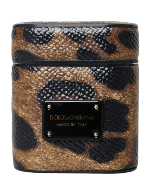 Коричневий чохол для Airpods з металевим логотипом Dolce &amp; Gabbana з леопардовою телячою шкірою