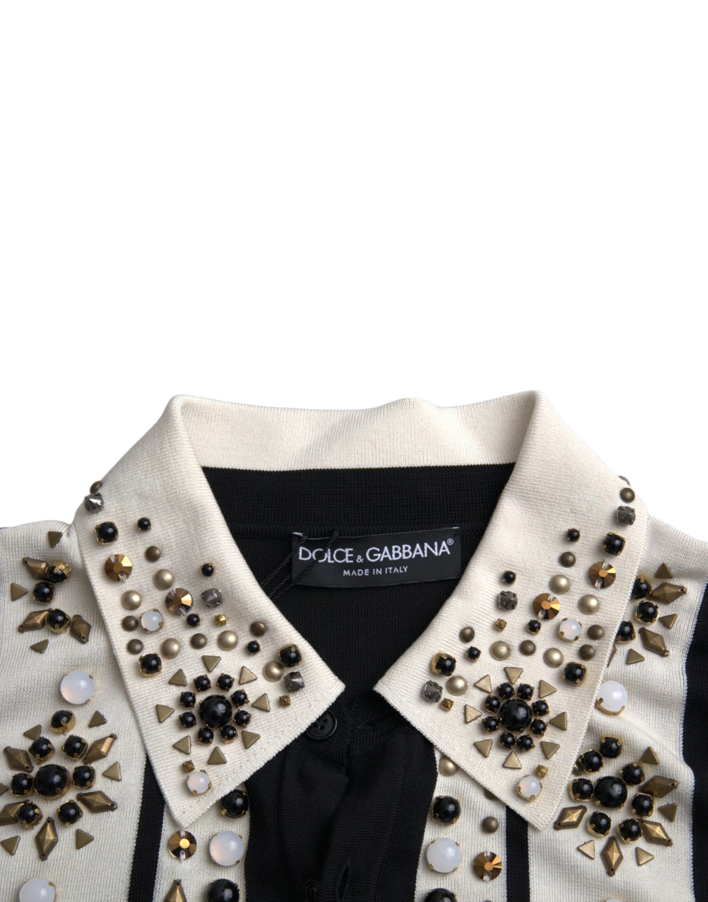 Біла чорна шовкова сорочка Dolce &amp; Gabbana з шипами з камінням і кристалами