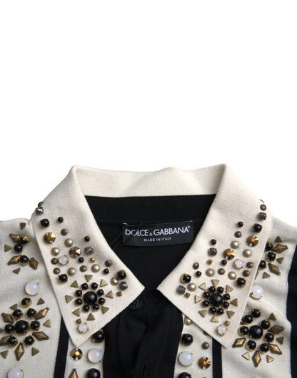 Біла чорна шовкова сорочка Dolce &amp; Gabbana з шипами з камінням і кристалами