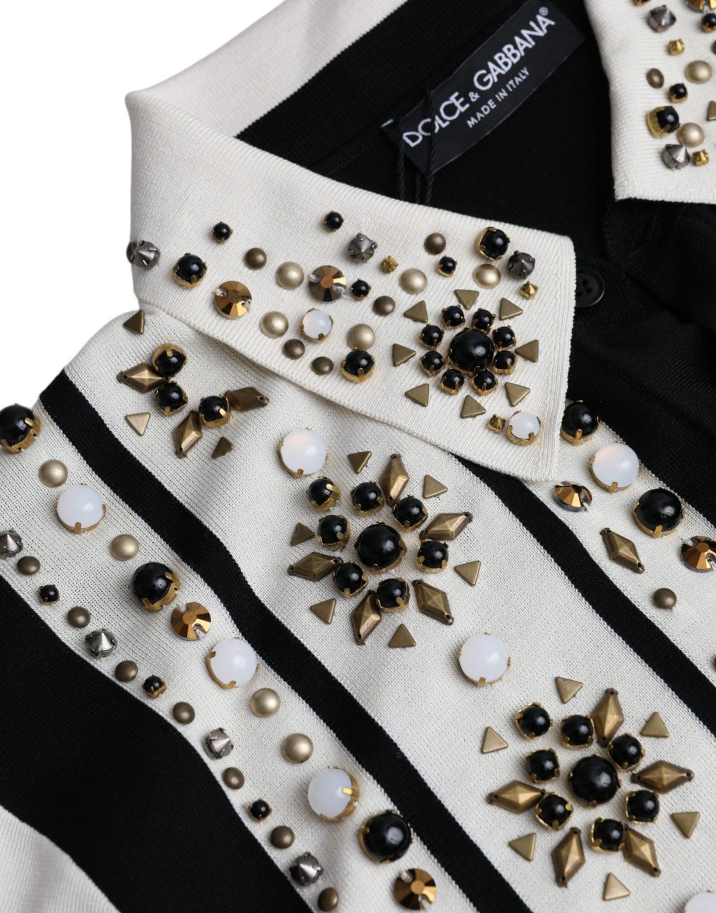 Біла чорна шовкова сорочка Dolce &amp; Gabbana з шипами з камінням і кристалами