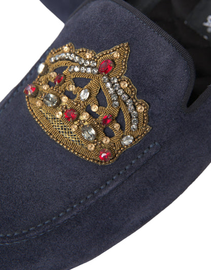 Сині шкіряні замшеві лофери Dolce &amp; Gabbana Crystal Crown