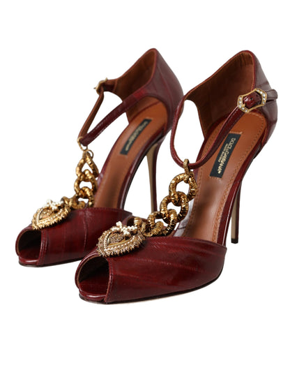 Темно-червоні шкіряні золоті босоніжки Dolce &amp; Gabbana Devotion Heart