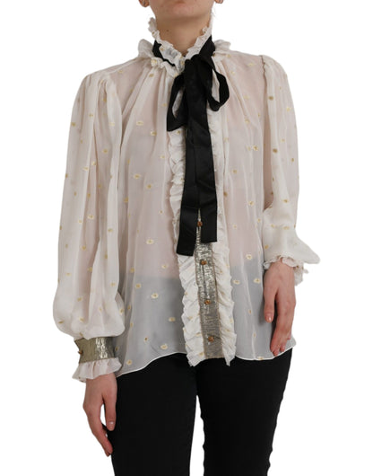 Dolce &amp; Gabbana Off White Silk Blend Ascot Collar Top Blouse Top