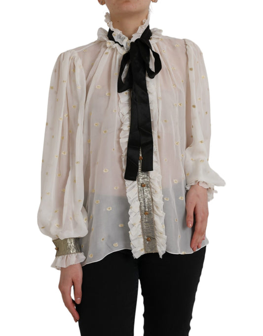 Dolce &amp; Gabbana Off White Silk Blend Ascot Collar Top Blouse Top