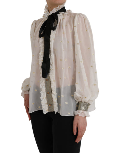Dolce &amp; Gabbana Off White Silk Blend Ascot Collar Top Blouse Top