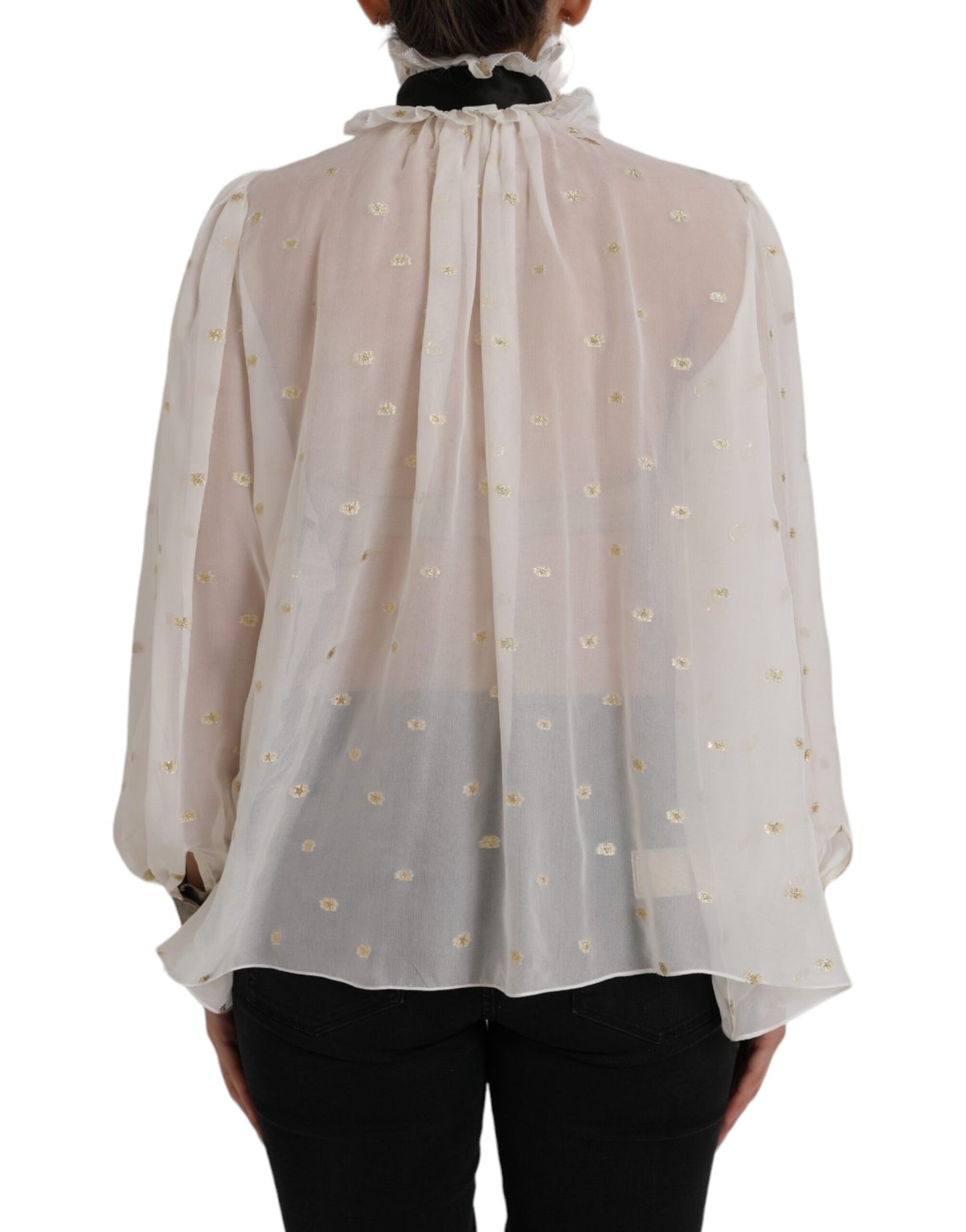 Dolce &amp; Gabbana Off White Silk Blend Ascot Collar Top Blouse Top