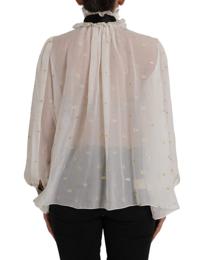 Dolce &amp; Gabbana Off White Silk Blend Ascot Collar Top Blouse Top